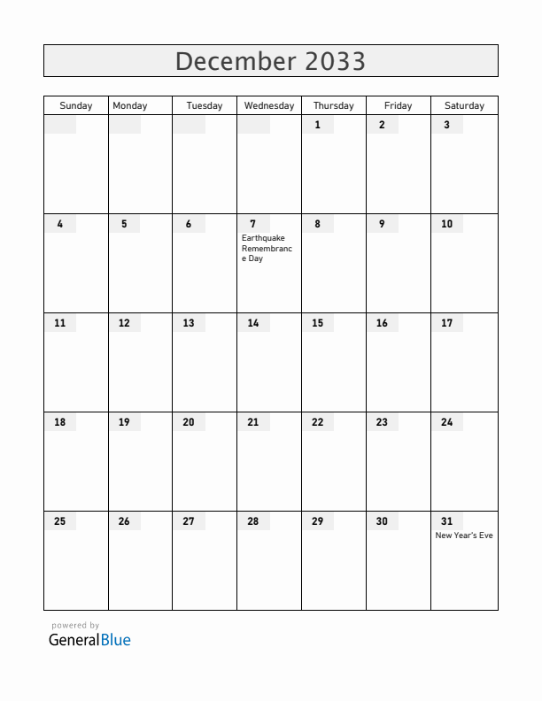 Armenia December 2033 Calendar with Holidays