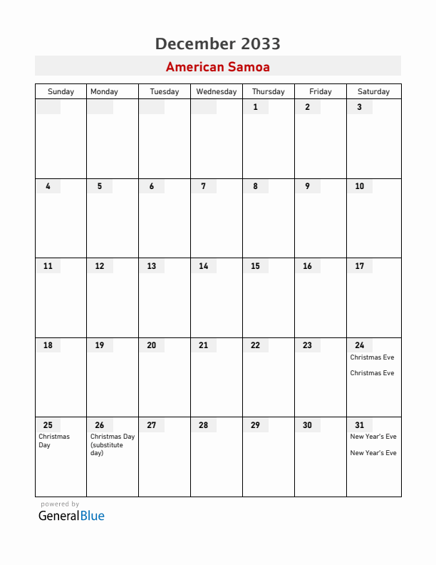 American Samoa December 2033 Calendar with Holidays