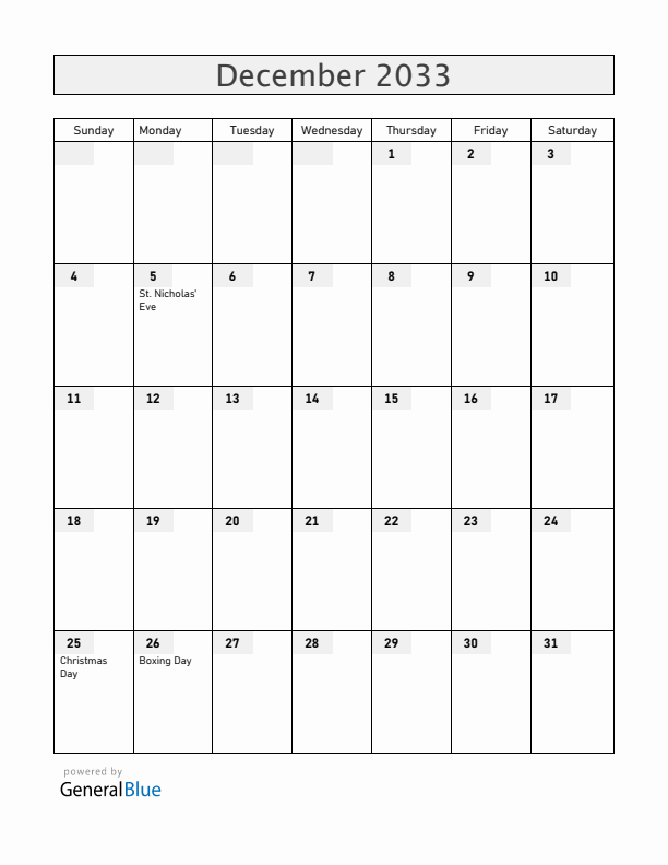 Aruba December 2033 Calendar with Holidays