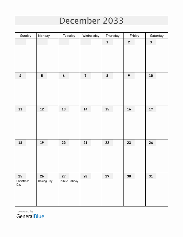 Barbados December 2033 Calendar with Holidays