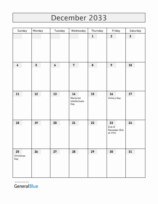 Bangladesh December 2033 Calendar with Holidays