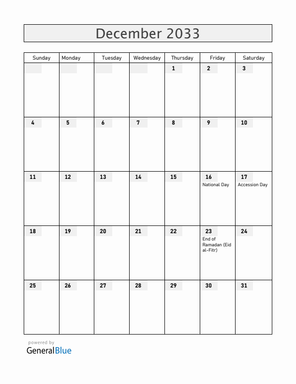 Bahrain December 2033 Calendar with Holidays