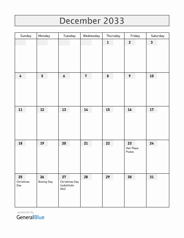 Cocos Islands December 2033 Calendar with Holidays