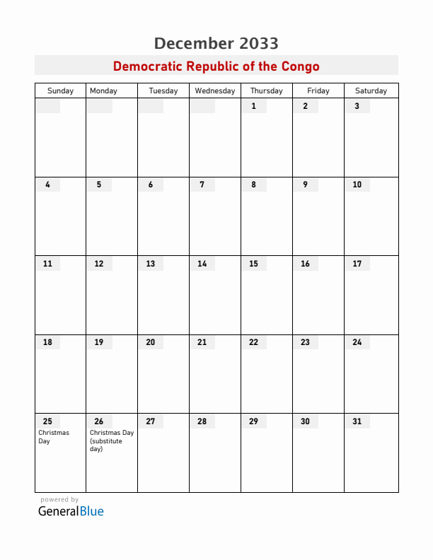 Democratic Republic of the Congo December 2033 Calendar with Holidays