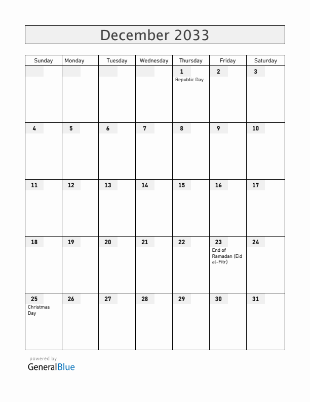 Central African Republic December 2033 Calendar with Holidays