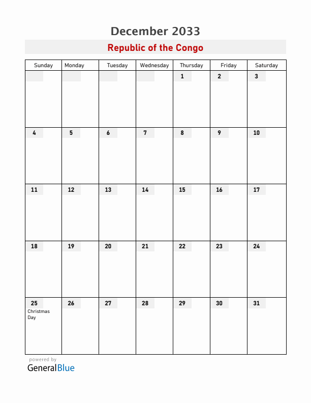 Republic of the Congo December 2033 Calendar with Holidays