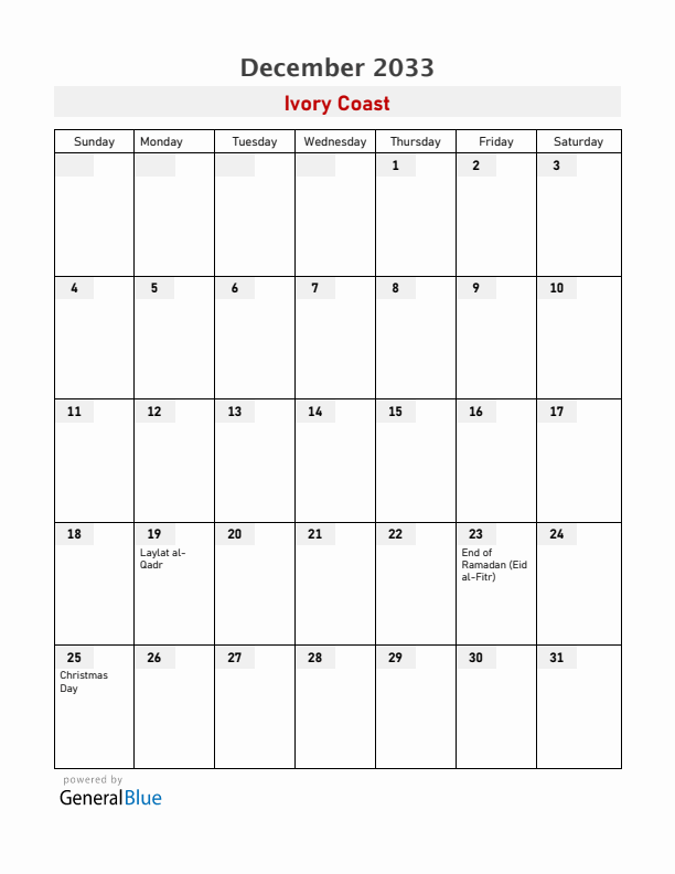 Ivory Coast December 2033 Calendar with Holidays