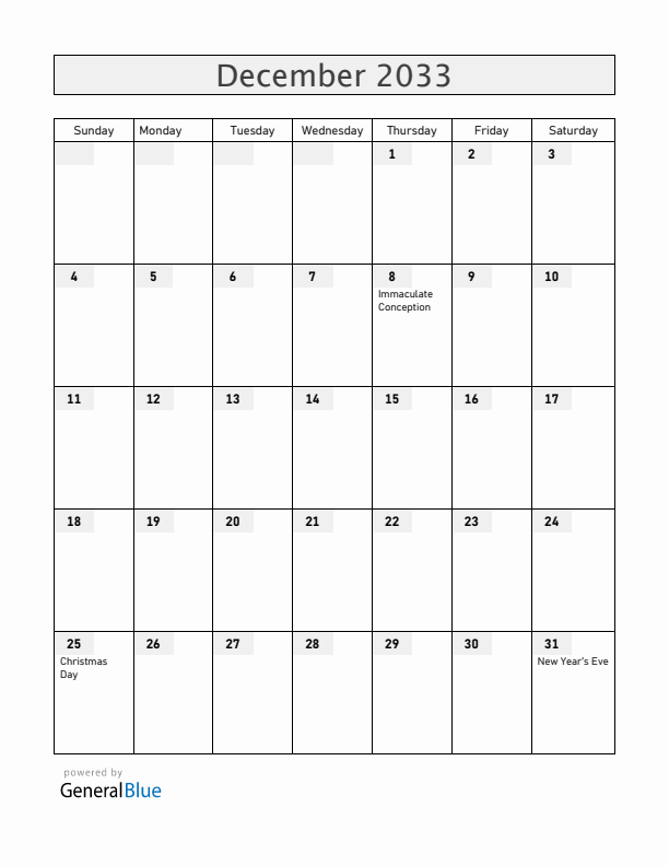 Chile December 2033 Calendar with Holidays