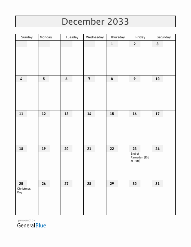 Cameroon December 2033 Calendar with Holidays