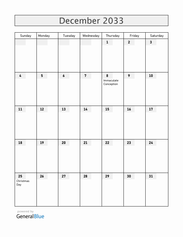 Colombia December 2033 Calendar with Holidays
