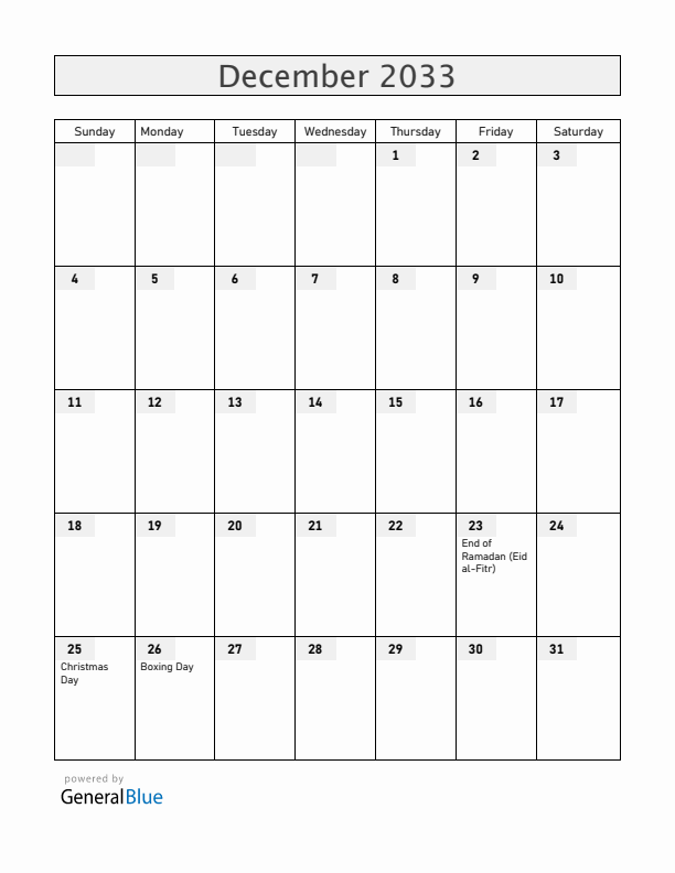 Christmas Island December 2033 Calendar with Holidays