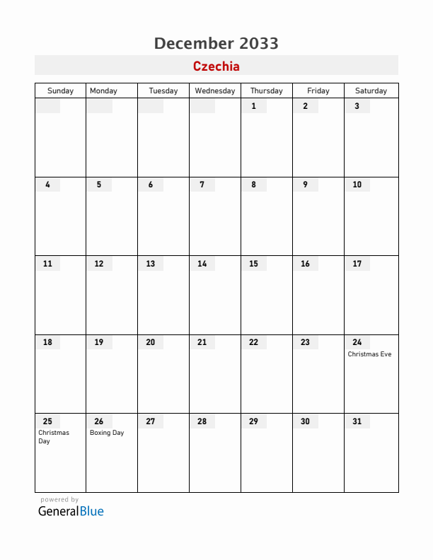Czechia December 2033 Calendar with Holidays