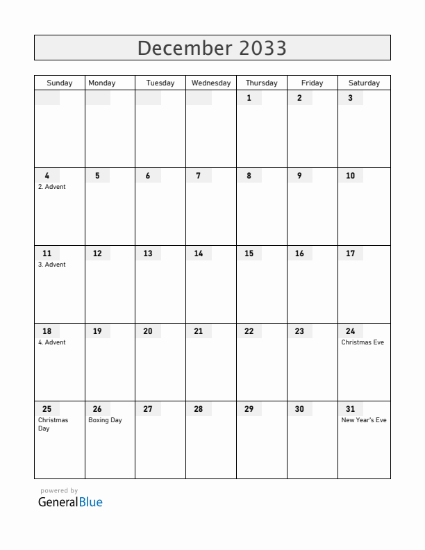 Germany December 2033 Calendar with Holidays