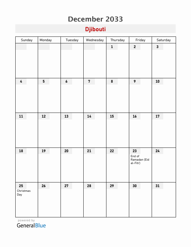 Djibouti December 2033 Calendar with Holidays