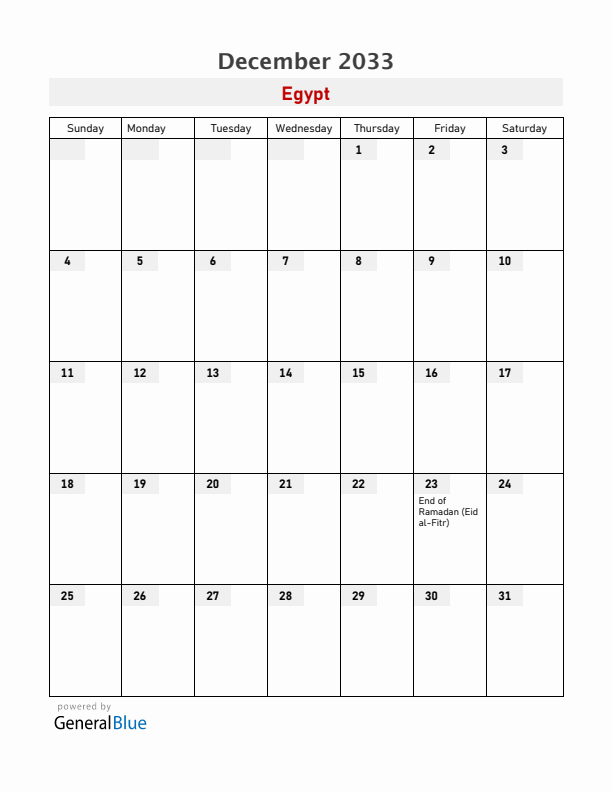 Egypt December 2033 Calendar with Holidays
