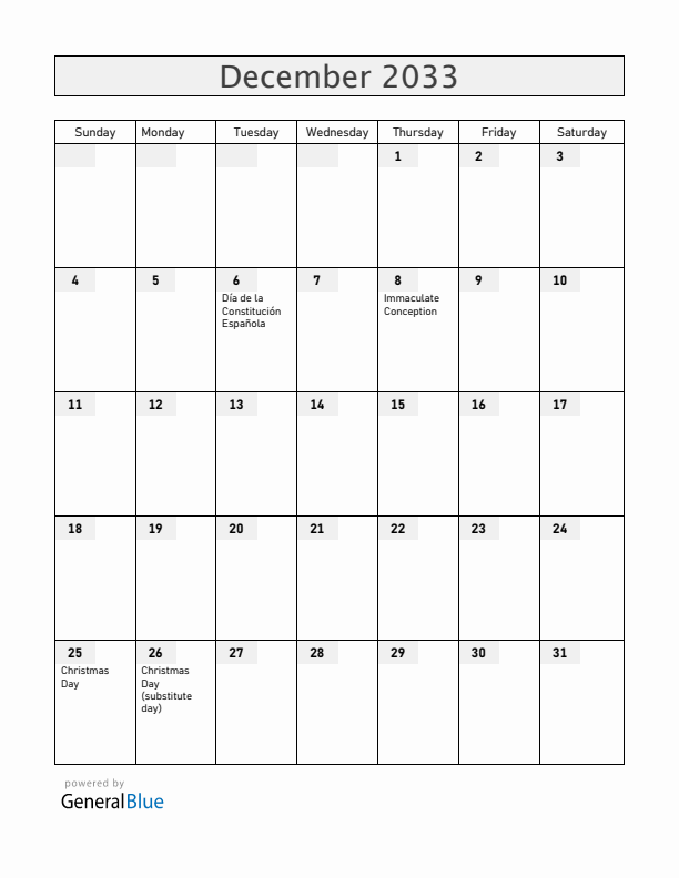 Spain December 2033 Calendar with Holidays