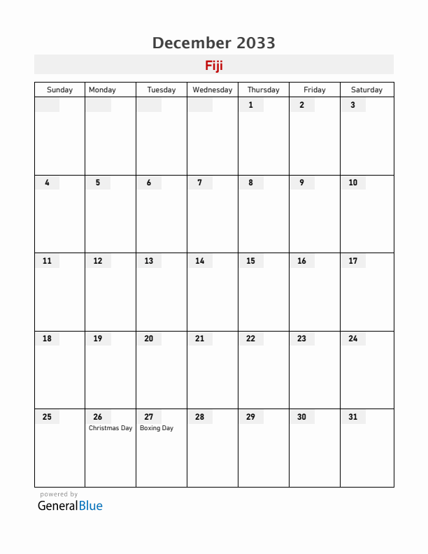 Fiji December 2033 Calendar with Holidays
