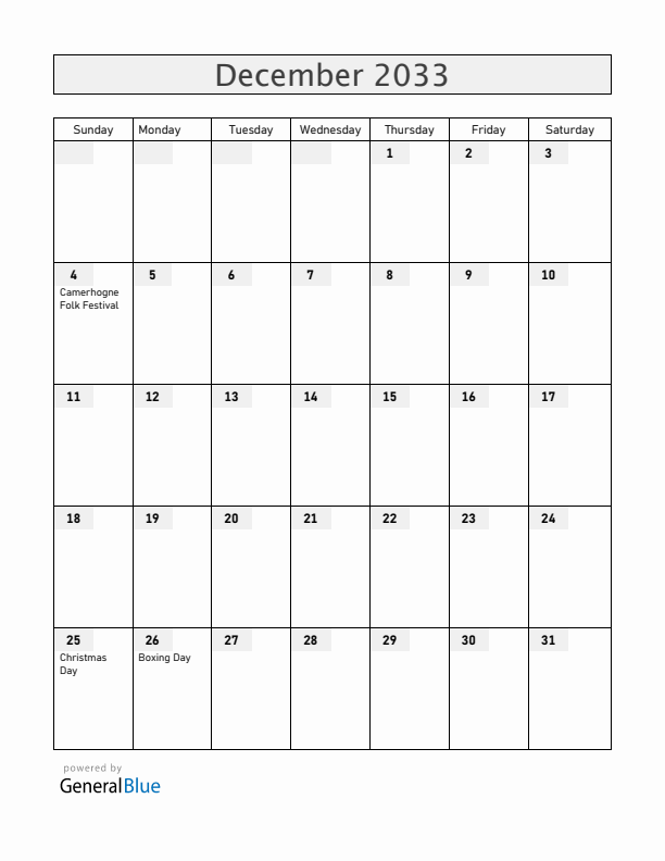 Grenada December 2033 Calendar with Holidays