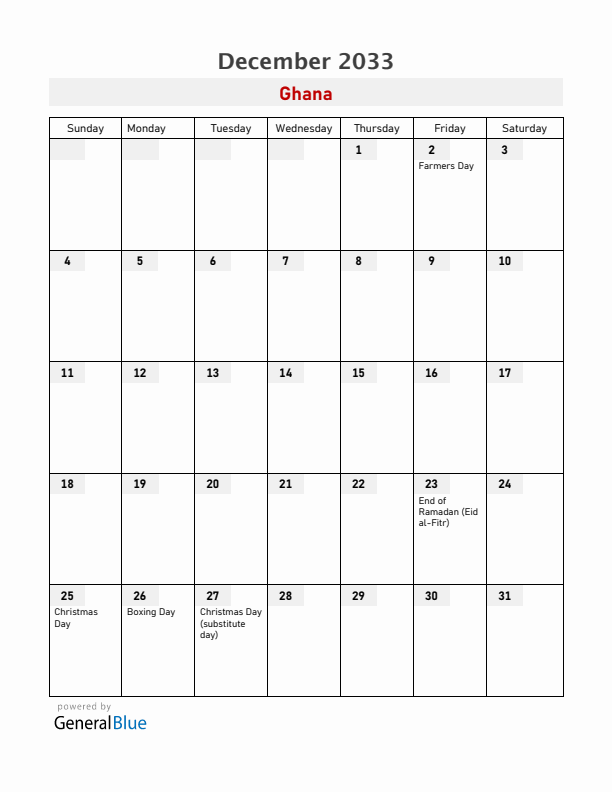 Ghana December 2033 Calendar with Holidays
