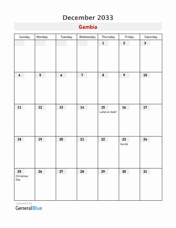 Gambia December 2033 Calendar with Holidays