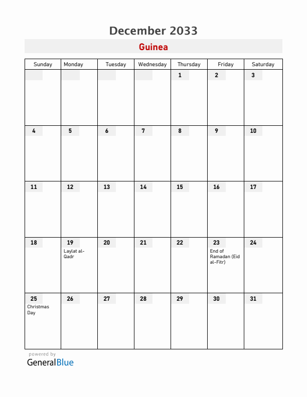 Guinea December 2033 Calendar with Holidays