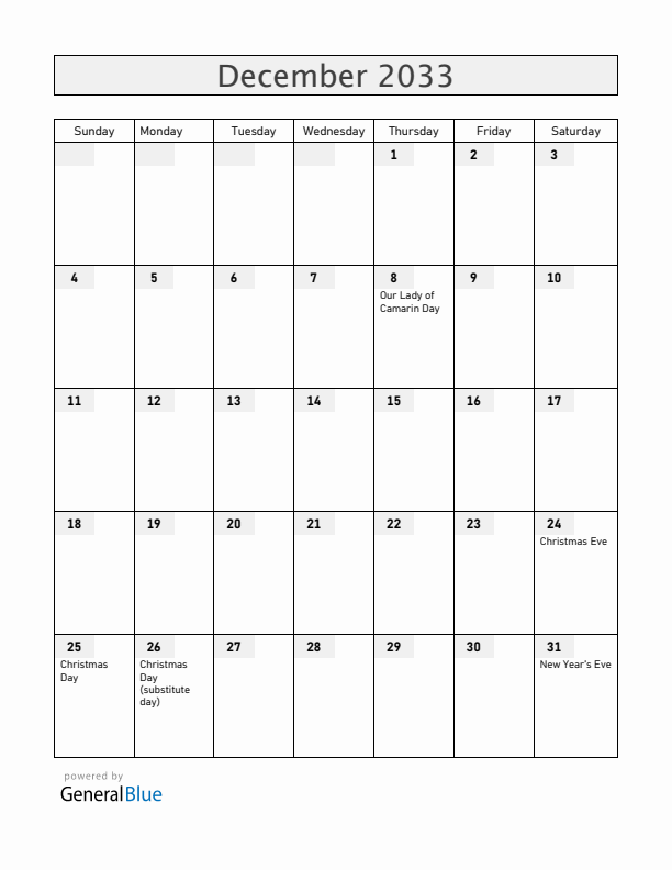 Guam December 2033 Calendar with Holidays