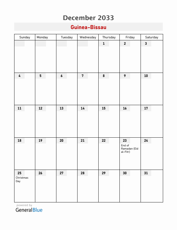 Guinea-Bissau December 2033 Calendar with Holidays