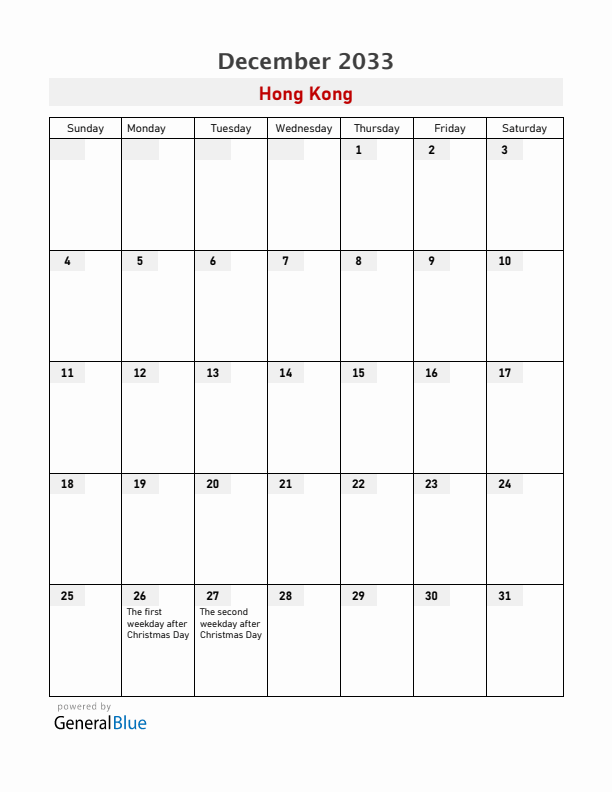 Hong Kong December 2033 Calendar with Holidays
