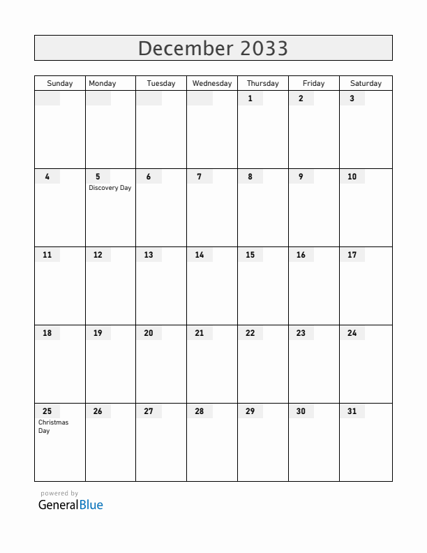 Haiti December 2033 Calendar with Holidays