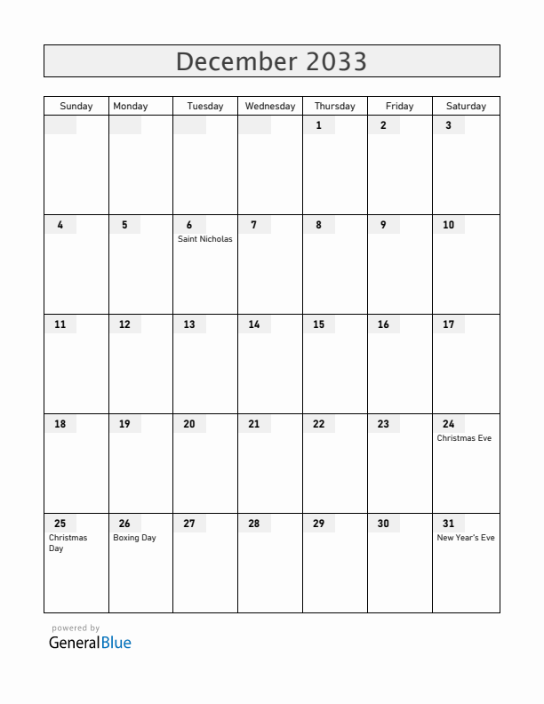 Hungary December 2033 Calendar with Holidays