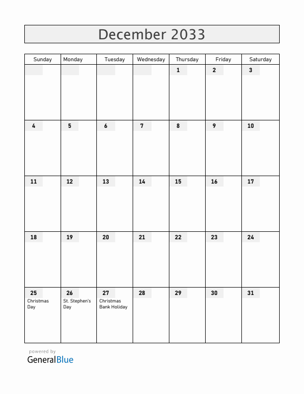 Ireland December 2033 Calendar with Holidays
