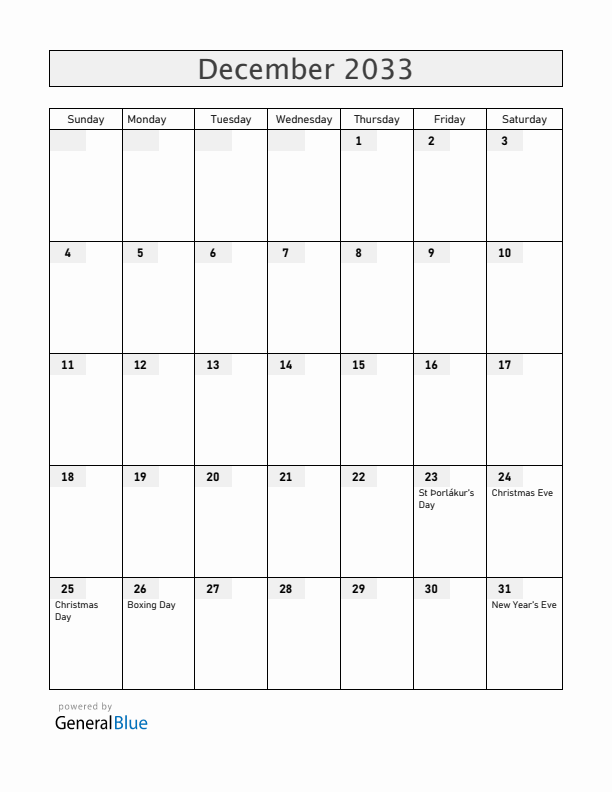 Iceland December 2033 Calendar with Holidays
