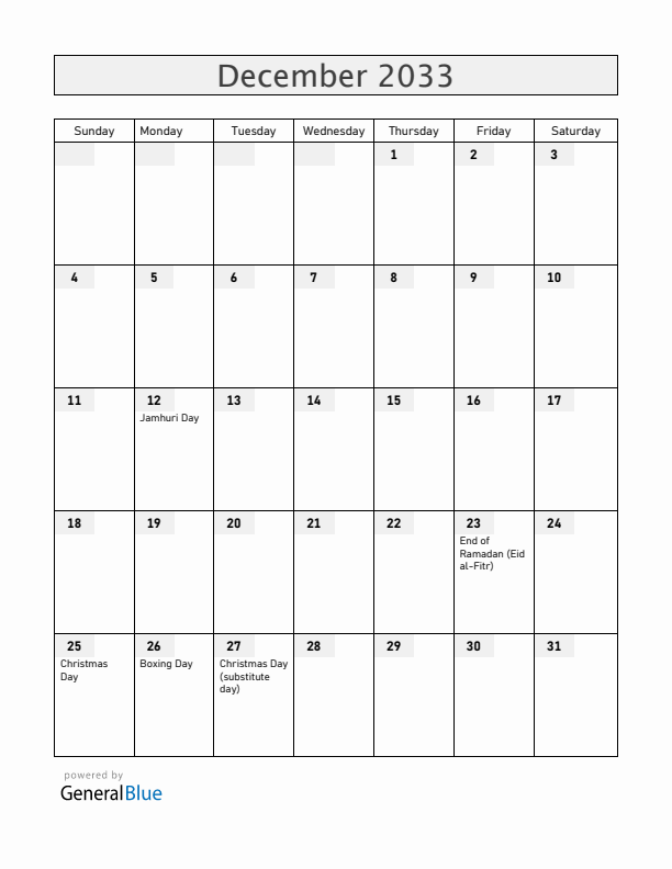 Kenya December 2033 Calendar with Holidays