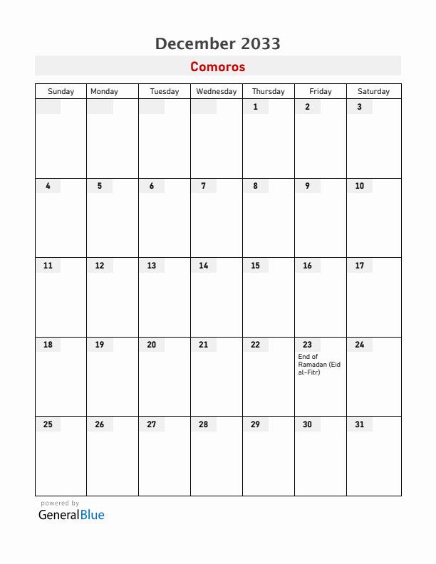 Comoros December 2033 Calendar with Holidays