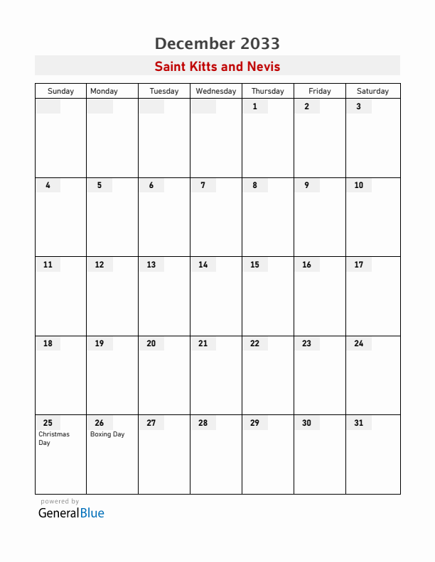 Saint Kitts and Nevis December 2033 Calendar with Holidays