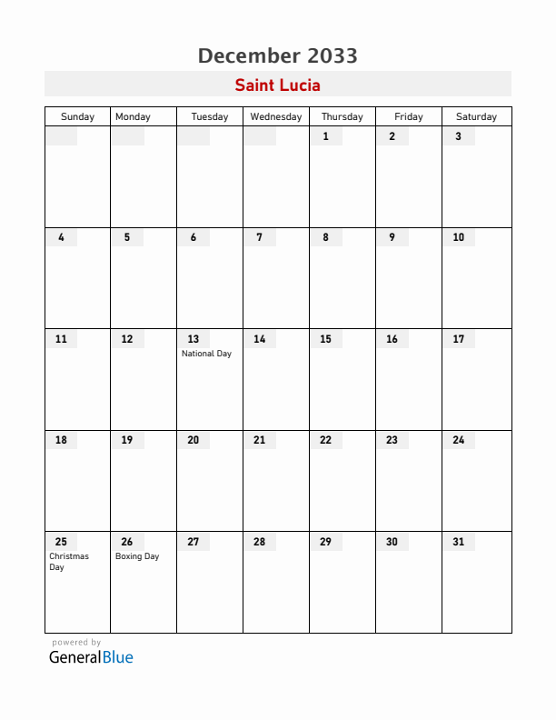 Saint Lucia December 2033 Calendar with Holidays