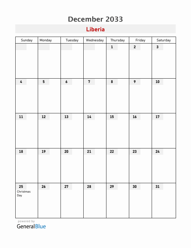 Liberia December 2033 Calendar with Holidays
