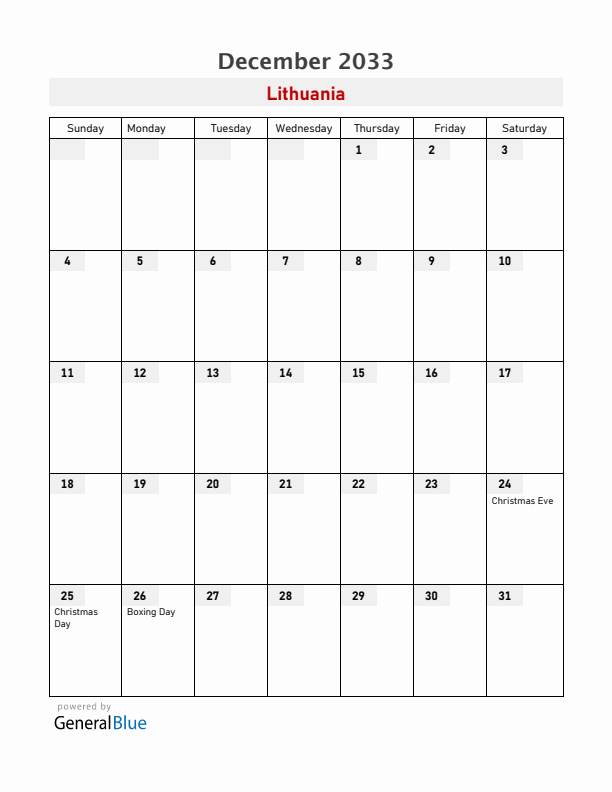 Lithuania December 2033 Calendar with Holidays