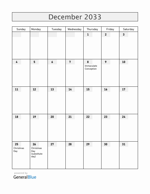 Monaco December 2033 Calendar with Holidays