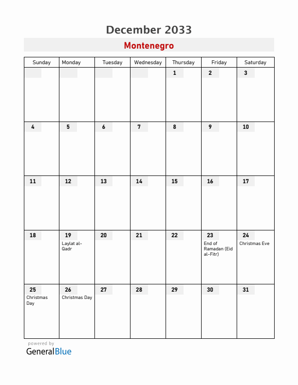 Montenegro December 2033 Calendar with Holidays