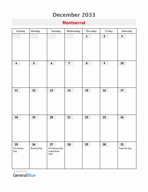 Montserrat December 2033 Calendar with Holidays