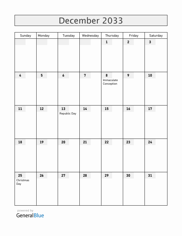 Malta December 2033 Calendar with Holidays