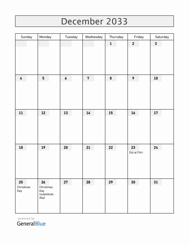 Malawi December 2033 Calendar with Holidays
