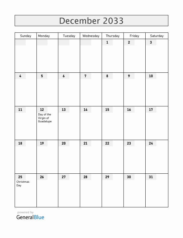 Mexico December 2033 Calendar with Holidays