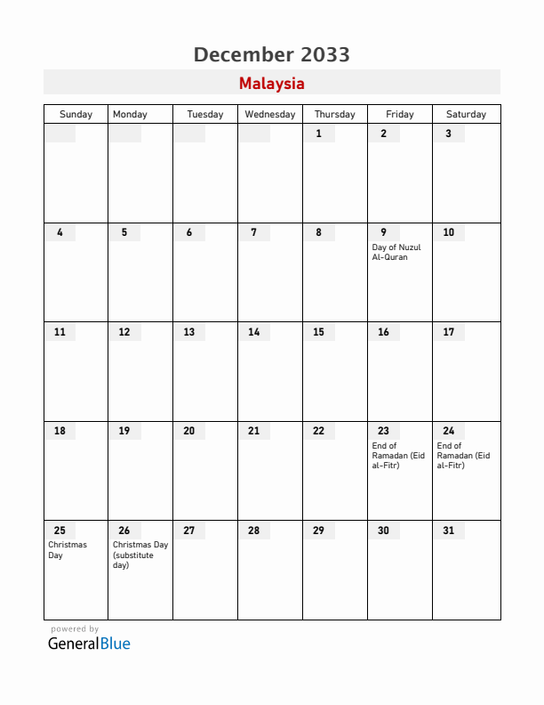 Malaysia December 2033 Calendar with Holidays