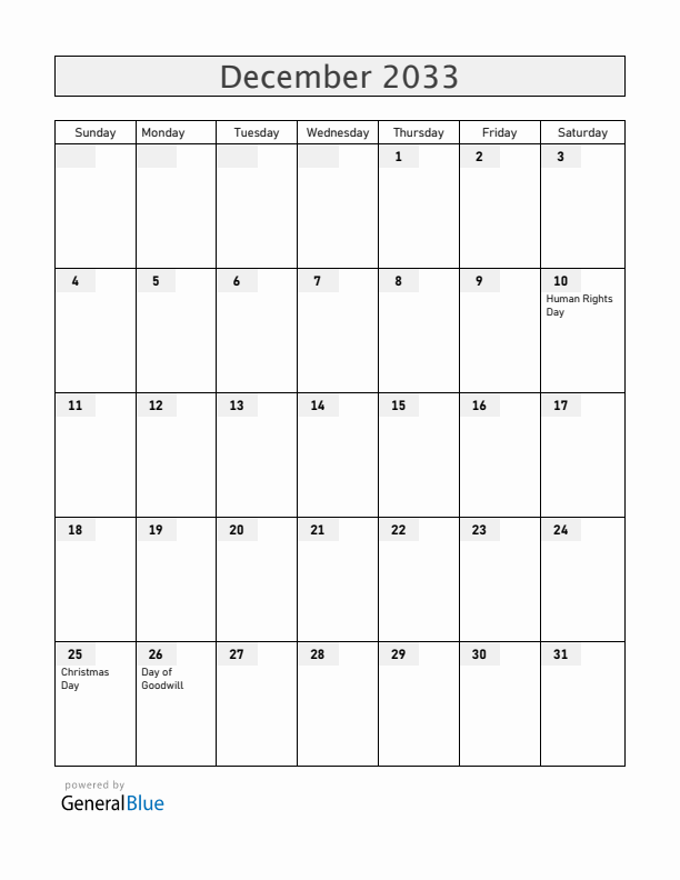 Namibia December 2033 Calendar with Holidays