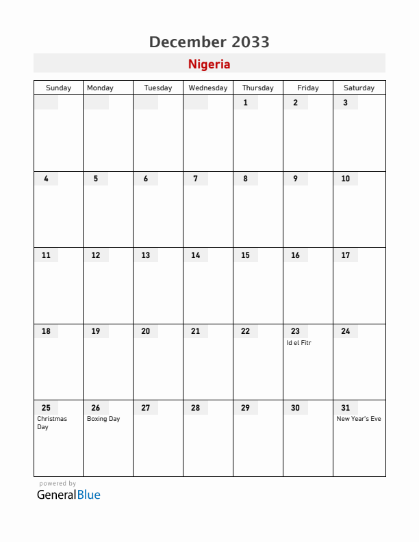 Nigeria December 2033 Calendar with Holidays
