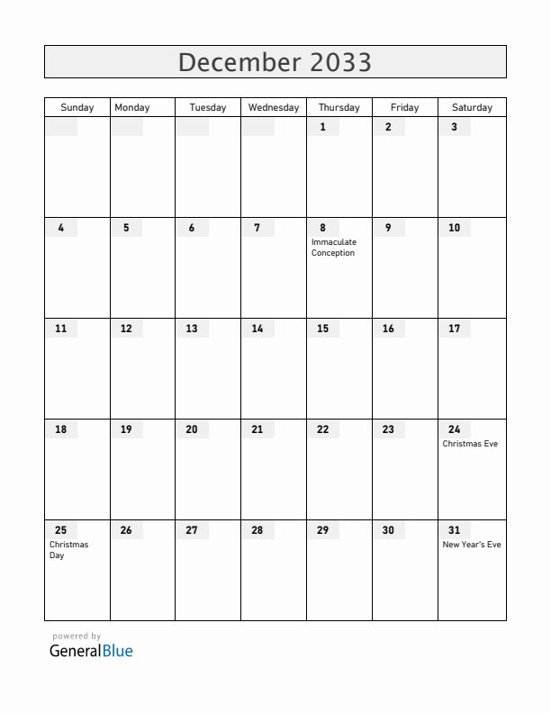 Nicaragua December 2033 Calendar with Holidays