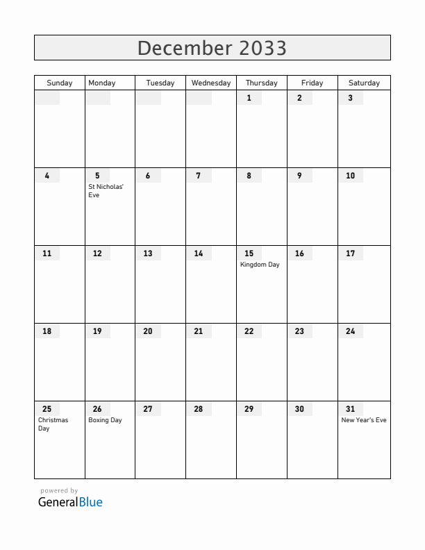 The Netherlands December 2033 Calendar with Holidays