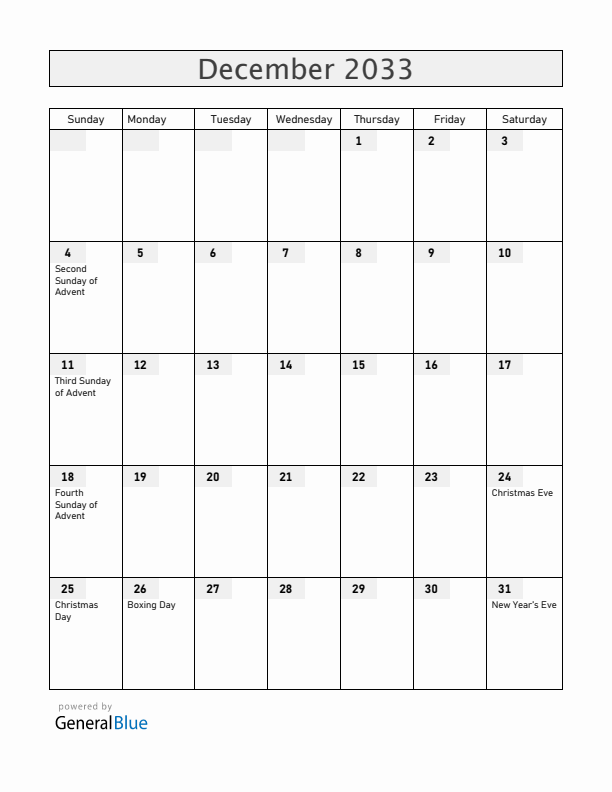 Norway December 2033 Calendar with Holidays